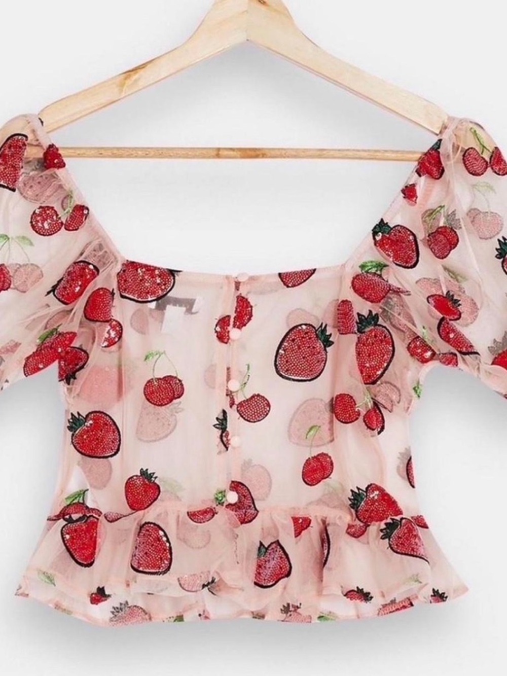 Topshop Pink Sheer Sequin Strawberry and Cherry Blouse - Size 4